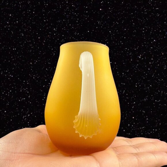 Hand Blown Art Glass Pitcher Creamer Amber Yellow Frosted W Clear Swirl Handle - Picture 3 of 12